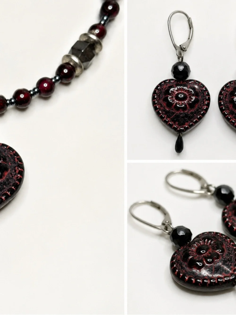 Czech Glass Heart Necklace & Earrings Set, Wrap Necklace, One of a Kind